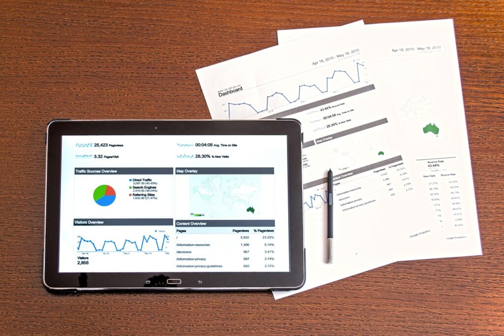 **Alt Text:** A tablet displaying analytics dashboards is placed on a wooden table alongside printed reports and a pen.