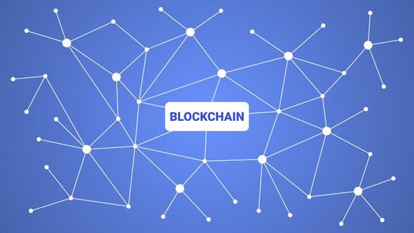 A blue background features a network of connected nodes with the word "BLOCKCHAIN" in the center.