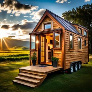 A cozy wooden tiny house on wheels is parked on a lush green field, with the sun setting behind distant hills, casting a warm glow.
