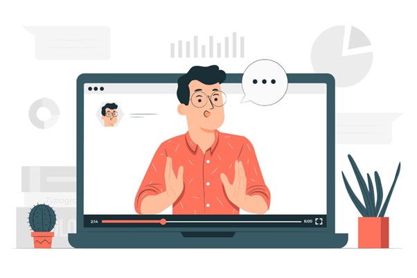 **Alt Text:** An illustration of a person giving an online presentation on a laptop screen, surrounded by charts and graphs, with a small plant and cactus nearby.