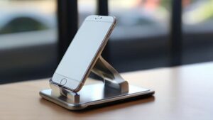 A smartphone is placed on a sleek, metallic stand on a wooden surface in front of a window.