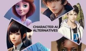 A collage of animated and AI-generated characters surrounding the text "Character AI Alternatives."
