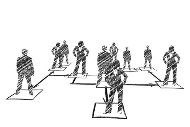 **Alt text:** Sketch of multiple figures connected by arrows, resembling an organizational chart.