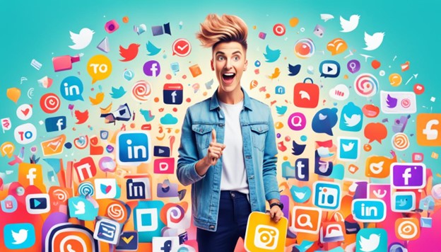 A person stands excitedly amidst a colorful explosion of various social media icons.