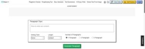 A website interface displays a paragraph generator tool where the user can input a topic, select writing tone, length, and number of paragraphs.
