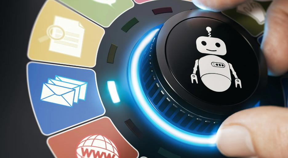 **Alt text:** A hand is adjusting a dial featuring a robot icon in the center, surrounded by colorful digital icons for various applications.