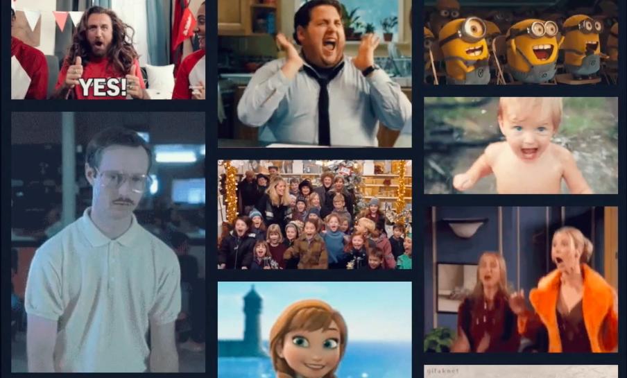 "A collage of nine images featuring various people expressing excitement and joy, including animated characters, a cheering group, and a laughing child."