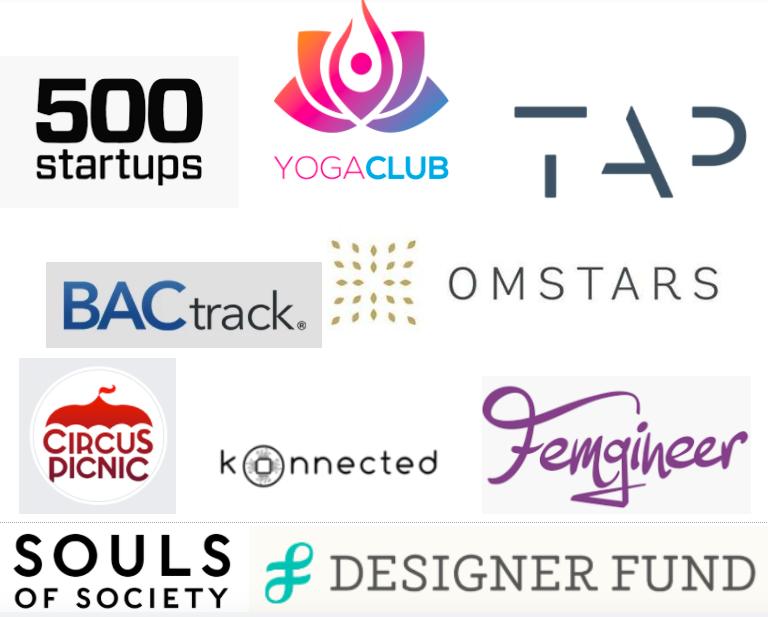 A collage of logos from various organizations, including 500 startups, YogaClub, TAP, BACtrack, OMSTARS, Circus Picnic, konnected, Femgineer, Souls of Society, and Designer Fund.