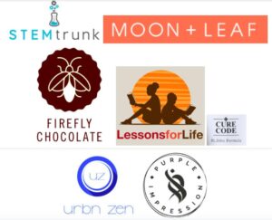 **Alt text:** A collage of logos from various companies including STEMtrunk, Moon + Leaf, Firefly Chocolate, Lessons for Life, Cure Code, Urbzn Zen, and Purple Impression.
