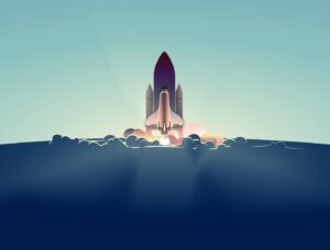 **Alt Text:** An illustration of a rocket launching into the sky with clouds and smoke billowing at its base.
