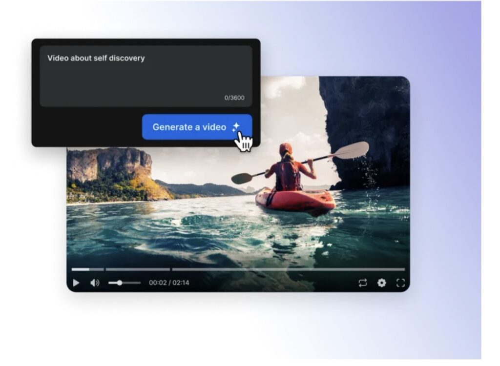 "A person kayaking on the ocean with a pop-up displaying 'Video about self discovery' and a cursor clicking 'Generate a video.'"