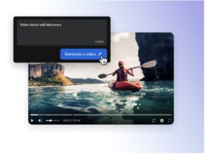 "A person kayaking on the ocean with a pop-up displaying 'Video about self discovery' and a cursor clicking 'Generate a video.'"