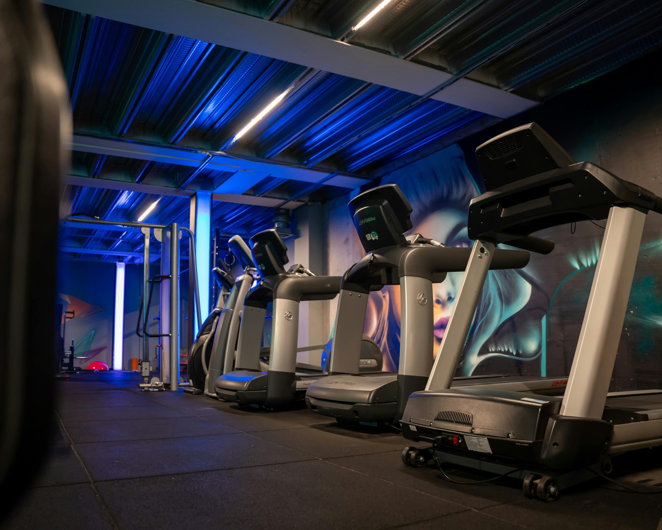 **Alt Text:** A row of treadmills in a dimly lit gym with blue accent lighting and a mural on the wall.