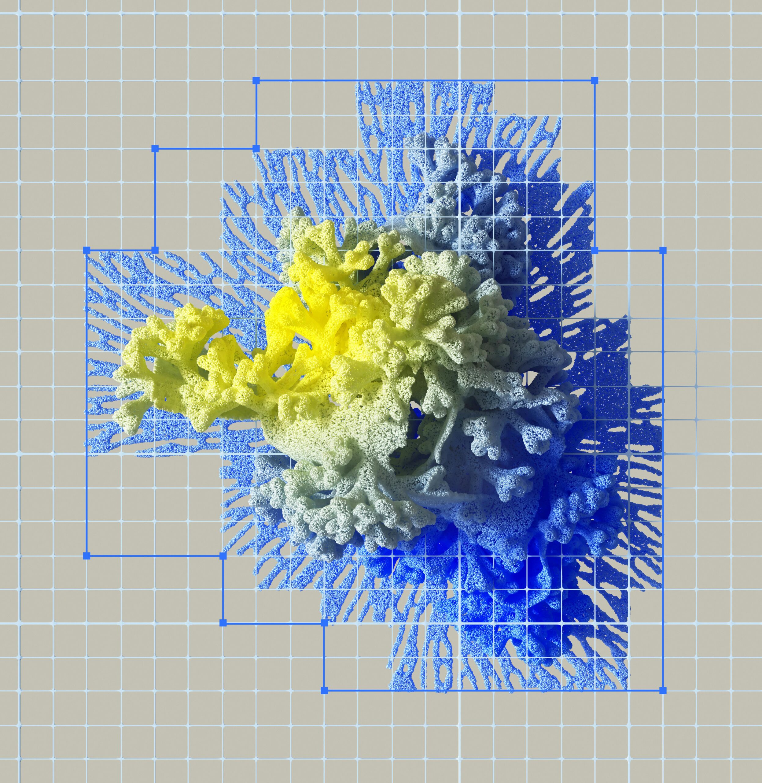 **Alt Text:** A 3D rendering of a yellow and blue coral-like structure overlaid on a grid background with blue shadow effects.