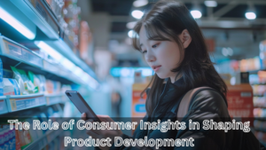 A person in a supermarket aisle uses a smartphone while examining products on the shelf.