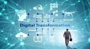 A businessman walks towards icons and text related to digital transformation, including AI, virtual reality, big data, drones, cloud, 3D printing, and augmented reality.