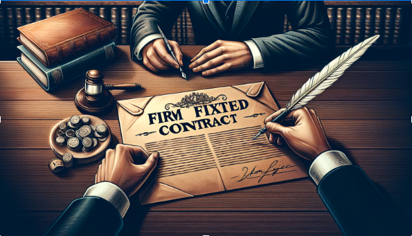 A vintage-style illustration shows two hands signing a "Firm Fixed Contract" with a quill pen, surrounded by a stack of coins, a gavel, books, and an ink bottle on a wooden desk.
