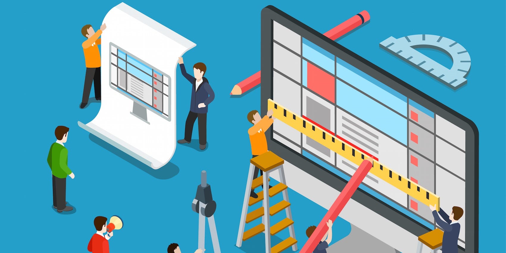 Illustrated people collaboratively building and measuring an oversized computer screen interface with large tools.