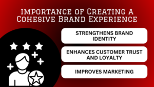 "Graphic emphasizing the importance of a cohesive brand experience with icons and benefits: strengthens brand identity, enhances customer trust and loyalty, and improves marketing."