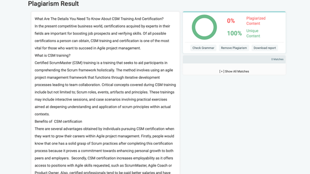 The image displays a plagiarism check result showing 0% plagiarized content and 100% unique content for a text discussing CSM training and certification.