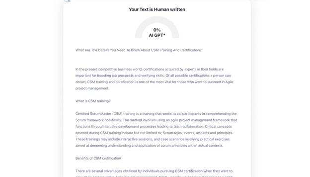 A screenshot of a document titled "Your Text is Human written," with a section discussing CSM training and certification, showing 0% AI GPT content.