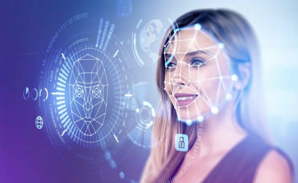 **Alt text:** A digital illustration of a woman with an overlaid geometric face recognition grid and futuristic data elements.