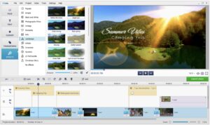 A video editing software interface showing a project titled "Summer Vibes Camping Trip" with various video clips, effects, and a preview of a sunny campsite.
