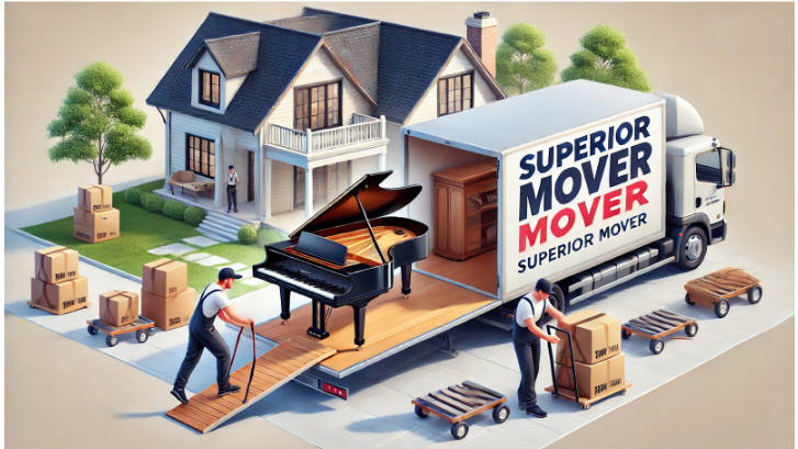 **Alt Text**: Two movers carefully load a grand piano into a moving truck parked in front of a suburban house, with several boxes around them.