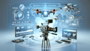 A digital illustration featuring drones, a professional video camera, and holographic screens depicting the concept of future video production.