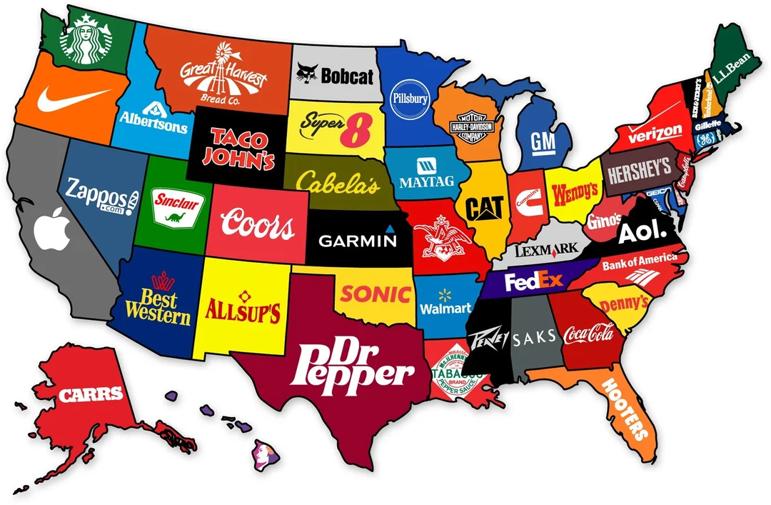**Alt Text:** A map of the United States with each state labeled by a different company logo representing brands allegedly favored by that state.