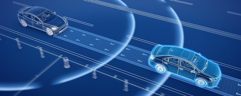 **Alt Text:** Two cars on a highway are shown with digital overlays illustrating autonomous driving technology and radar detection.