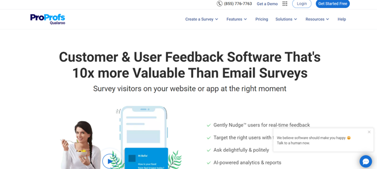 A webpage promoting ProProfs Qualaroo's customer and user feedback software with a target its worth over email surveys and features like real-time feedback.