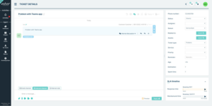 A help desk ticketing interface showing a ticket titled "Problem with Teams app," with details and options for internal discussion, ticket status, priority, and SLA timeline on the right.