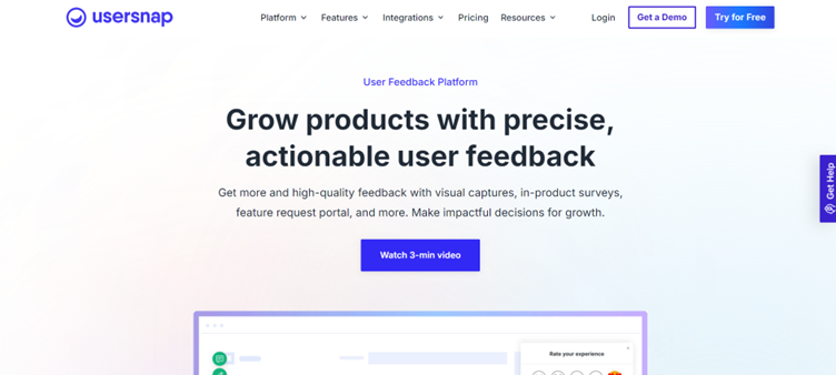 **Alt text:** A webpage from Usersnap promoting their user feedback platform, highlighting the ability to grow products with precise, actionable feedback through features like visual captures and in-product surveys.