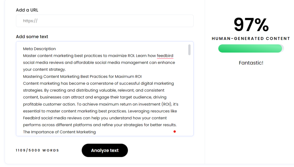 **Alt text:** A content analysis tool displays a 97% human-generated content score for a section about mastering content marketing best practices to maximize ROI.