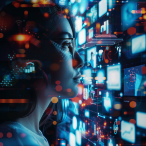 **Alt text:** A person with glasses looks intently at a large digital display filled with glowing blue and orange information panels and graphics.