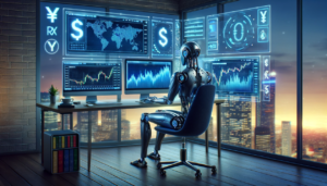 A robot sitting at a desk in front of multiple computer screens displaying financial data and charts in a futuristic cityscape setting.