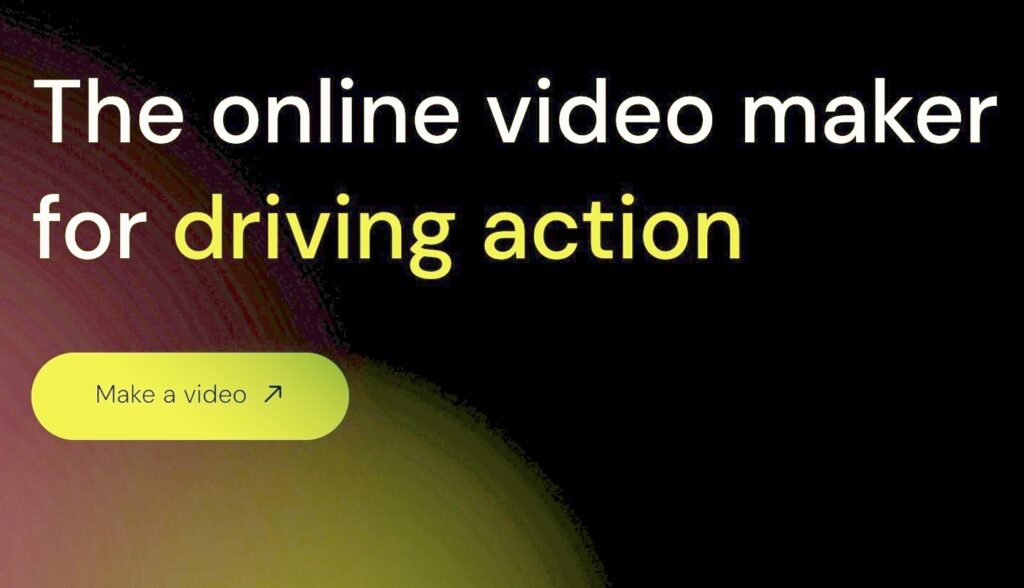 Text on a dark background reads "The online video maker for driving action" with a yellow button below saying "Make a video."