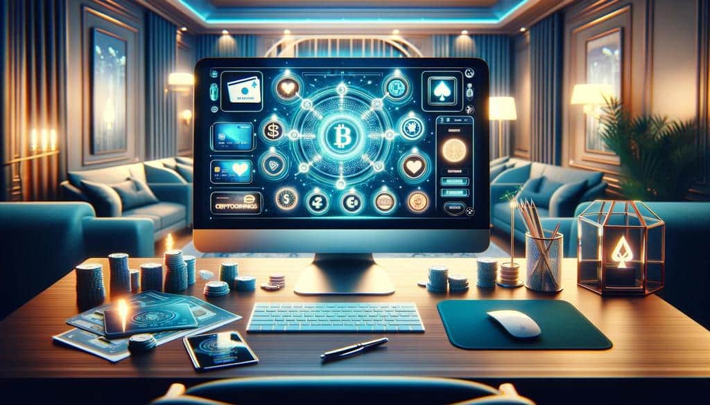 A computer in a luxurious room displays a digital interface featuring Bitcoin and cryptocurrency icons, surrounded by poker chips and a smartphone.