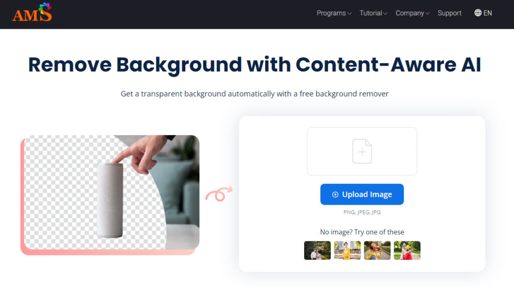 A website interface displaying a feature to remove backgrounds from images using AI, with a sample image of a hand reaching towards a cylindrical object.