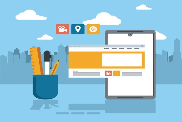 A digital illustration featuring a tablet displaying a webpage, surrounded by office utensils like a ruler and pens, with icons of a video camera, location pin, and gear above it.