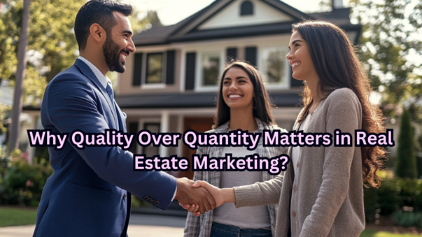 A man in a suit shakes hands with a smiling woman in front of a house, with another woman standing beside them, and the text "Why Quality Over Quantity Matters in Real Estate Marketing?" overlaid.