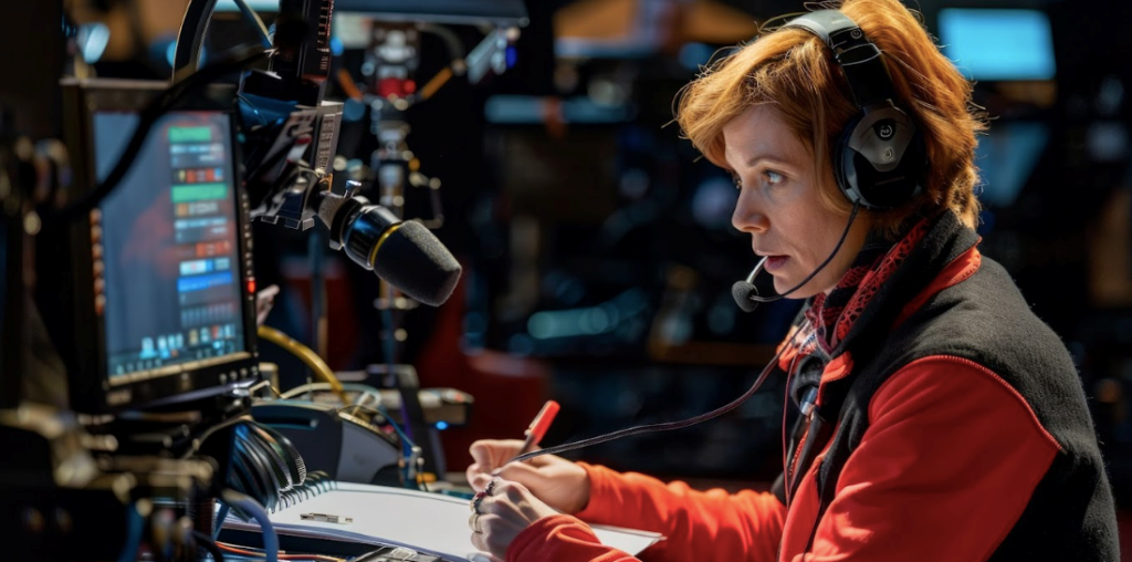 A woman wearing a headset sits at a desk with a microphone and computer monitor, taking notes in a busy studio environment.