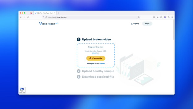 A website interface for video repair, showing an upload section for broken video files.