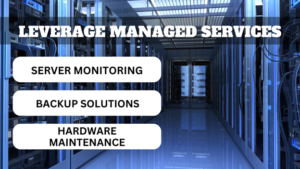 **Alt text:** A data center corridor with racks of servers, overlaid with text reading "Leverage Managed Services" and bullet points for "Server Monitoring," "Backup Solutions," and "Hardware Maintenance."