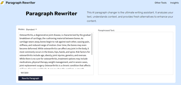 A screenshot of a Paragraph Rewriter tool, featuring a text about osteoarthritis on the left and an empty paraphrased text box on the right.