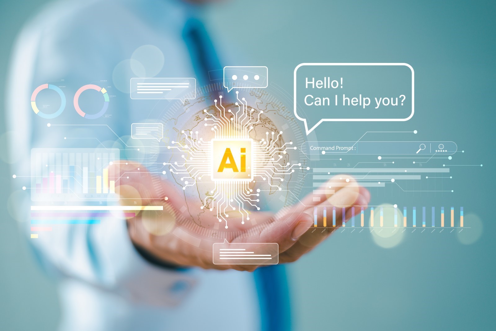A person holds a digital representation of AI technology with a circuit-like sphere and an "AI" label interacting with various data charts and a speech bubble saying, "Hello! Can I help you?"