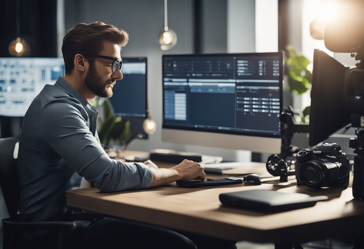 A man wearing glasses works on photo editing software at a desk with multiple screens and a camera.