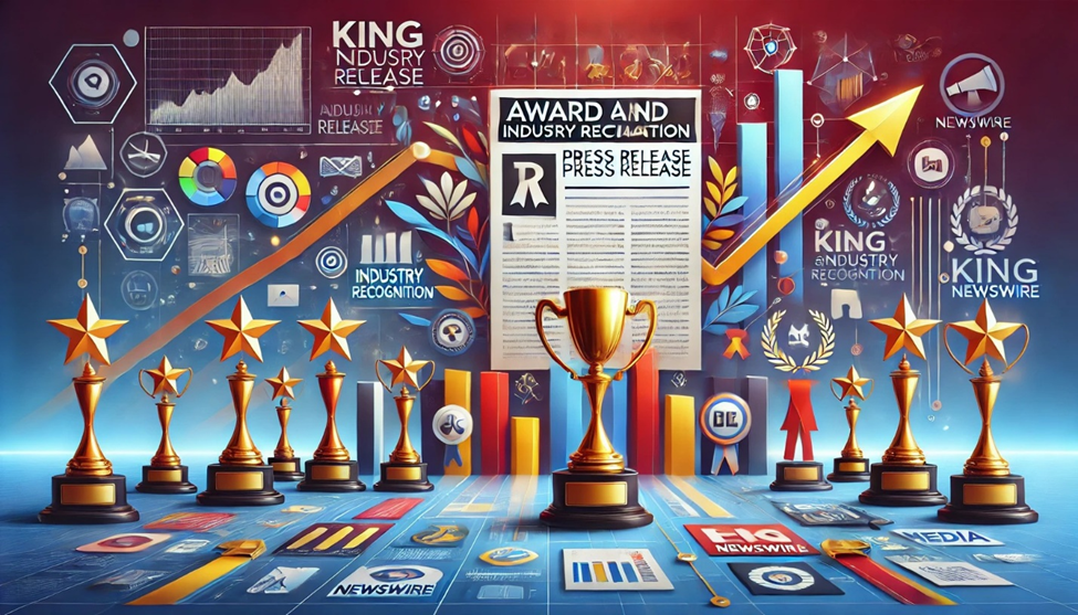 An array of golden star trophies and a large gold cup surrounded by graphs, charts, and industry-related icons, signifying business success and recognition.