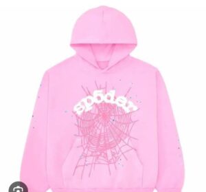 **Alt Text:** A pink hoodie with a white "sp5der" logo above a spider web design on the front.